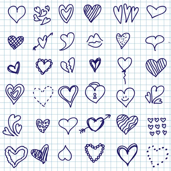 Conjunto de doodles cardíacos — Vetor de Stock