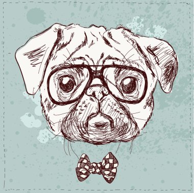 hipster pug dog with glasses clipart