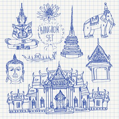 illüstrasyon vektör kümesinin bir Tapınağı, Buda, fil ve izole kare kağıt üzerinde lotus ile Bangkok (Tayland)