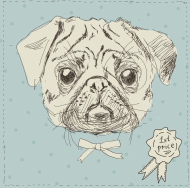 Vintage illustration of hipster pug dog with glasses and bow in vector on vintage background clipart