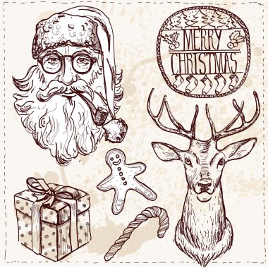 vektör çizim Noel set elle çizilmiş, antika arka plan