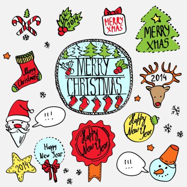 elle çizilmiş, etiketini ayarla Noel renkli doodle illüstrasyon vektör