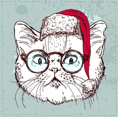Noel hipster kedi el çizmek, vintage dokulu arka plan üzerinde kabataslak illüstrasyon