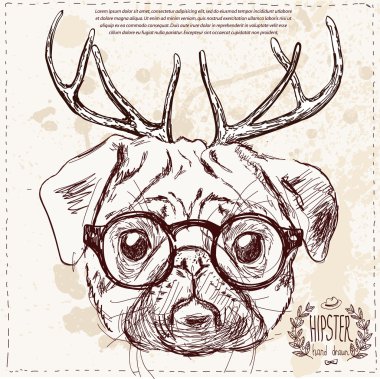 geyik boynuzu el ile Noel hipster köpek çizmek