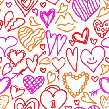 Dikişsiz desen elle çizilmiş vektör, kırmızı, pembe ve turuncu renkli kalpler doodle