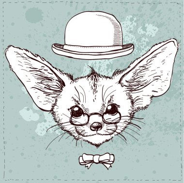 Vintage illustration of hipster fox with large ears in vector clipart