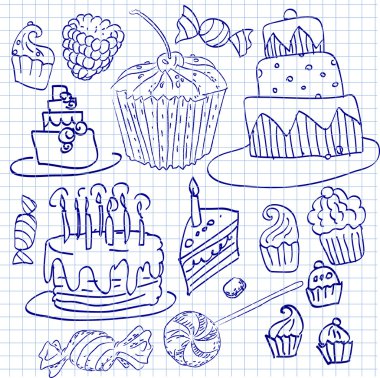pasta ve kek doodle yarım yamalak vektör çizim, el çekilmiş Icon, set set