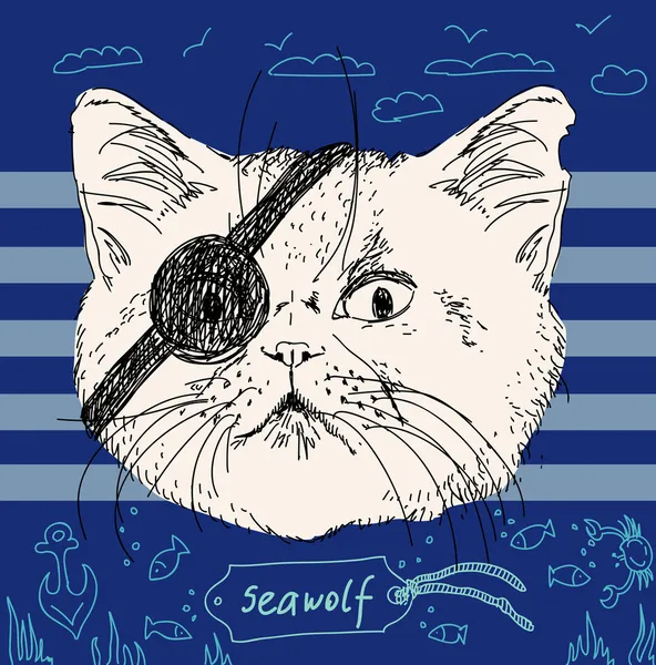 Pirate cat on blue background — Stock Vector