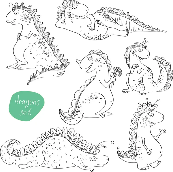 Dragons set in vector black & white — Stock Vector