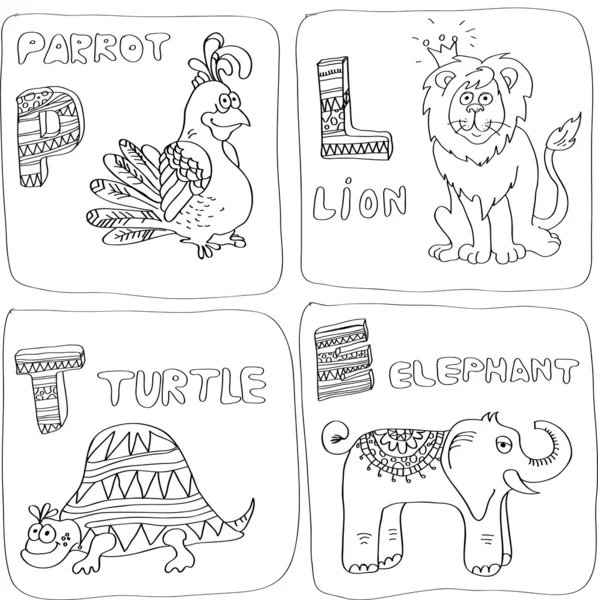 Kinder-Alphabet: Papagei, Löwe, Schildkröte, Elefant. — Stockvektor