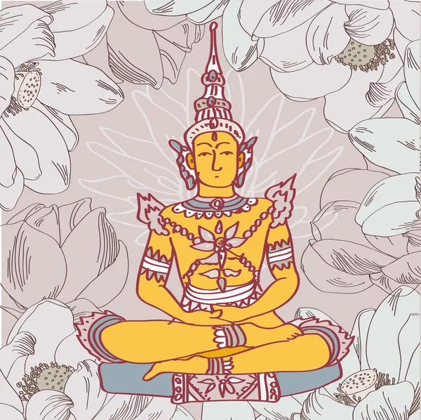 Ilustração vetorial de buddha amarelo com fundo floral de íon de lótus — Vetor de Stock