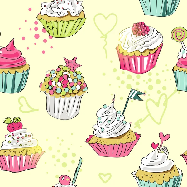 Motif vectoriel sans couture avec cupcakes dessinés à la main en arrière-plan jaune — Image vectorielle