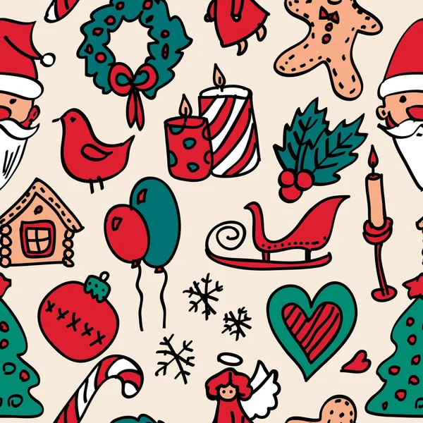 Kerstmis doodle naadloze patroon in kleur — Stockvector