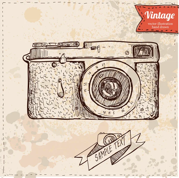 Vector illustration of camera hand draw on vintage paper background, cute label — Stock Vector