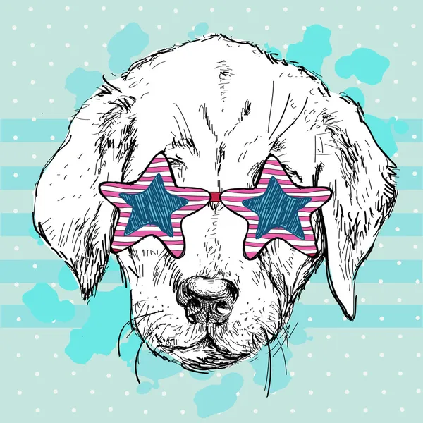 Ilustração vetorial de cão engraçado em óculos rosa estrela no fundo azul, filhote de cachorro Hipster —  Vetores de Stock