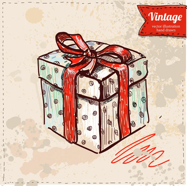 Vector illustration of present box hand draw on vintage paper background, red bow — Stock Vector