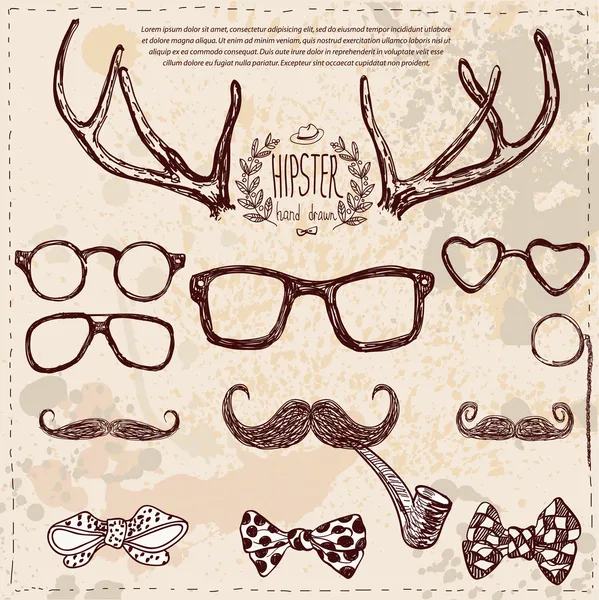 Hipster zestaw: rogi, okulary, wąsy, łuk. — Wektor stockowy