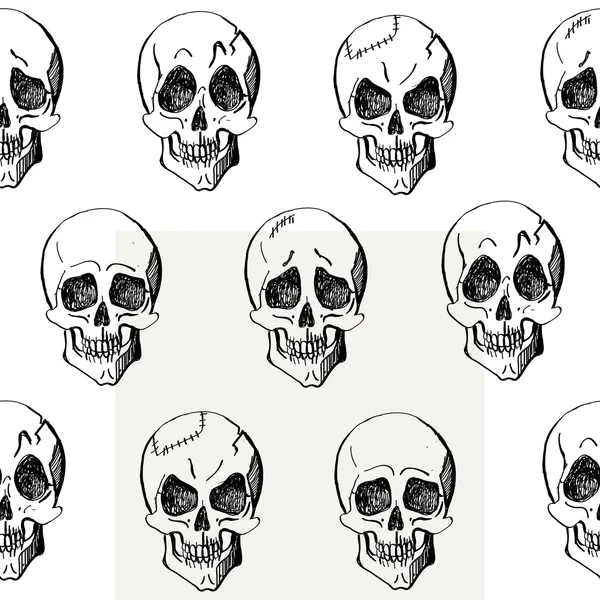 Skull seamless pattern, different emotions, hand drawn vector illustration — Stock Vector