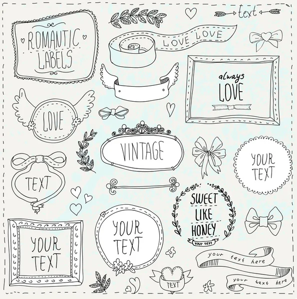 Vintage-Etikettenset, handgezeichnete Doodles und Designelemente — Stockvektor