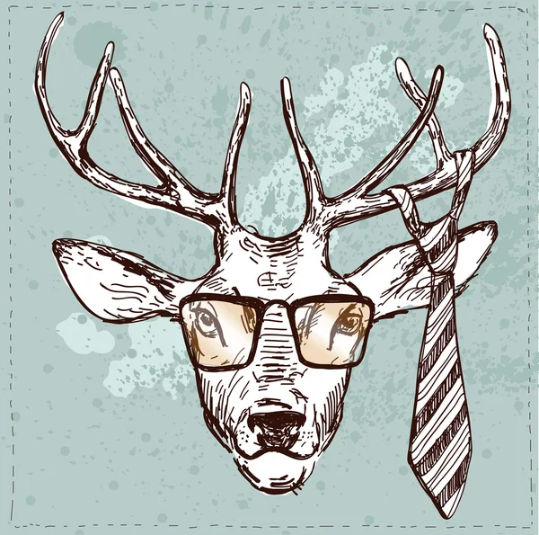 Vintage illustration of hipster deer with glasses and tie — Stock Vector