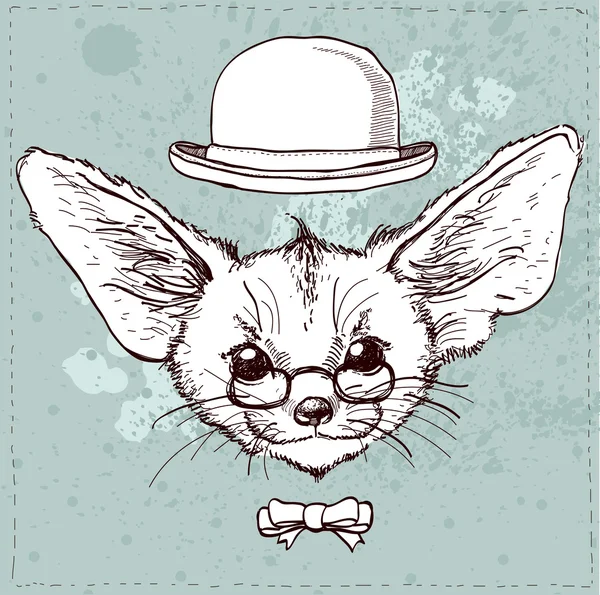 Vintage illustration of hipster fox with large ears in vector — Stock Vector
