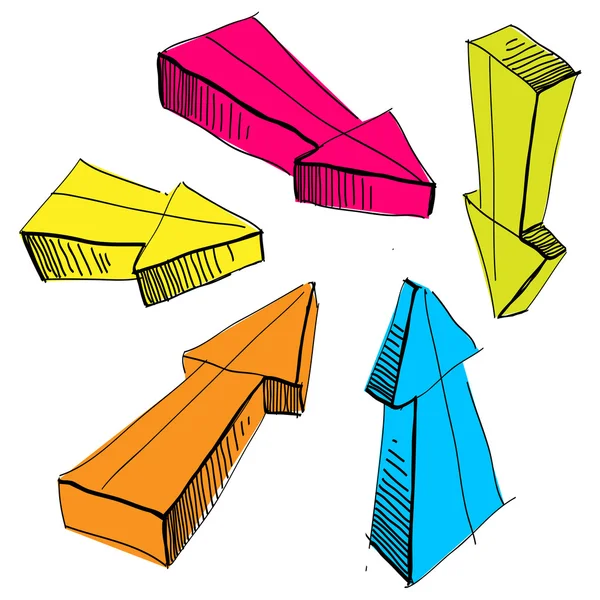 Ilustración vectorial del conjunto de boceto dibujado a mano de flecha aislada en blanco, color brillante — Vector de stock