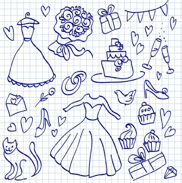 Bröllop doodle skissartad vektor illustration, älskar Ikonuppsättning — Stock vektor