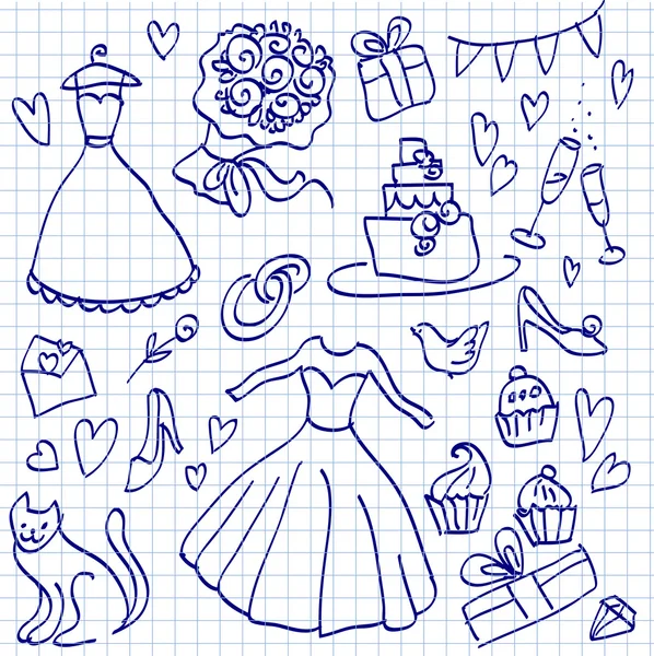 結婚式落書き大ざっぱなベクトル イラスト、アイコン セットを愛して — ストックベクタ