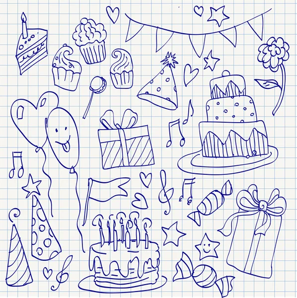 Aniversário doodle sketchy conjunto de ilustrações vetoriais, ícone desenhado à mão — Vetor de Stock