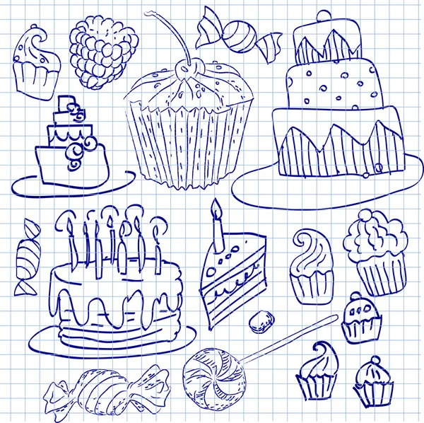 Torta és cupcake doodle vázlatos vektoros illusztráció, kézzel rajzolt icon, készlet, készlet — Stock Vector