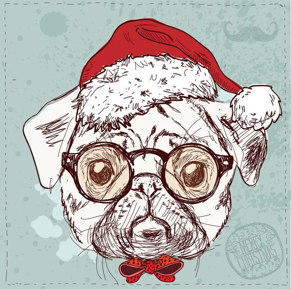 Ilustración vintage de perro hipster santa pug con gafas y lazo — Vector de stock