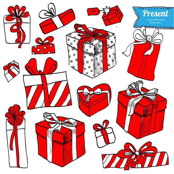 Rote Geschenke handgezeichnet auf weißem Hintergrund — Stockvektor