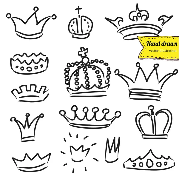 Crowns set in vector, doodle illustration, hand drawn design element isolated — Stock Vector