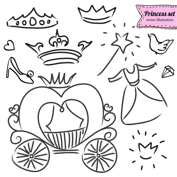 Princesa definido em vetor, ilustração doodle, desenhado à mão elemento de design isolado — Vetor de Stock