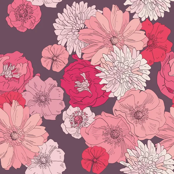 Motif floral sans couture. Dessiner à la main fleur réaliste avec rose et gerber — Image vectorielle