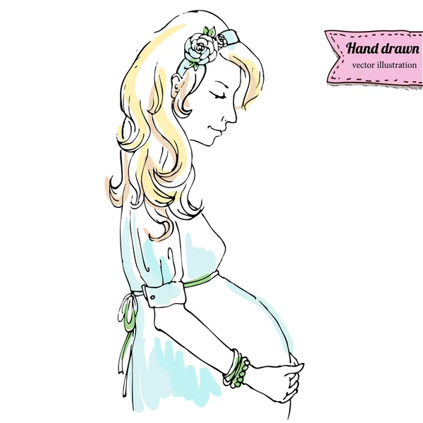 Illustration de femme enceinte dessinée à la main en couleur — Image vectorielle