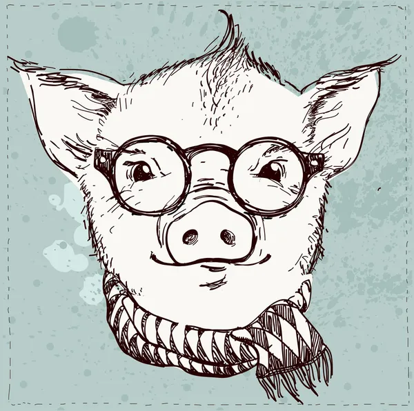 Ilustración vectorial de cerdo hipster en gafas y bufanda, fondo texturizado vintage — Vector de stock