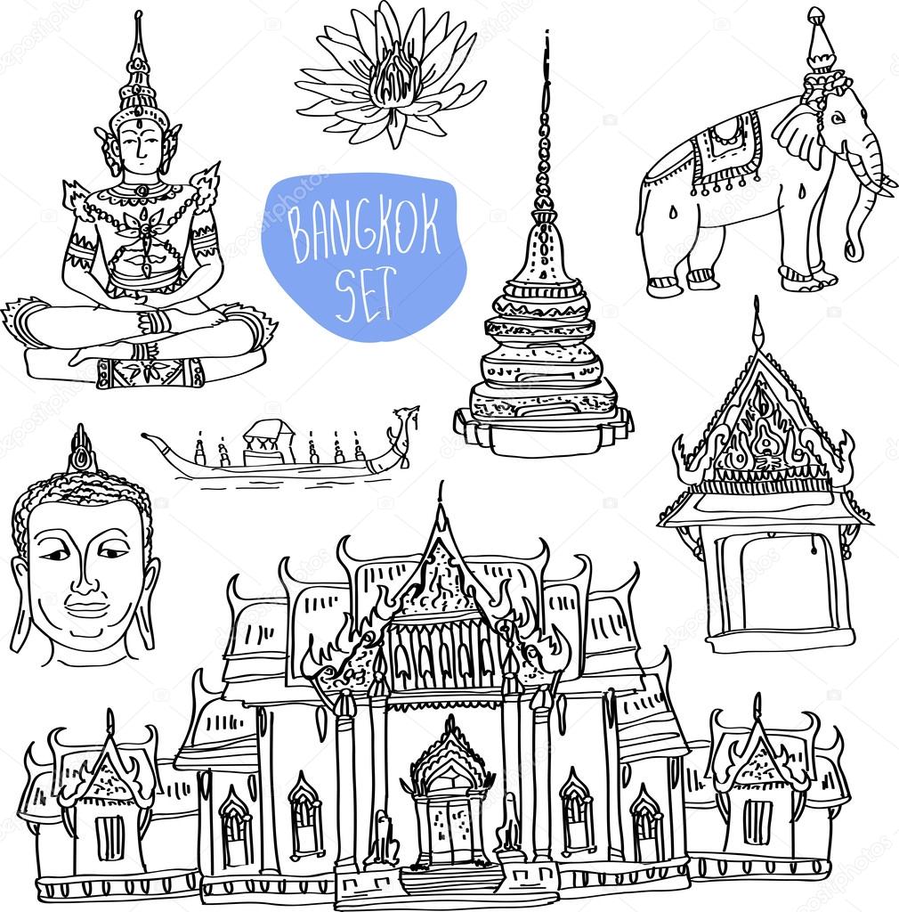Illustration of vector set of Bangkok (Thailand) with temple, buddha, elephant and lotus isolated on white background