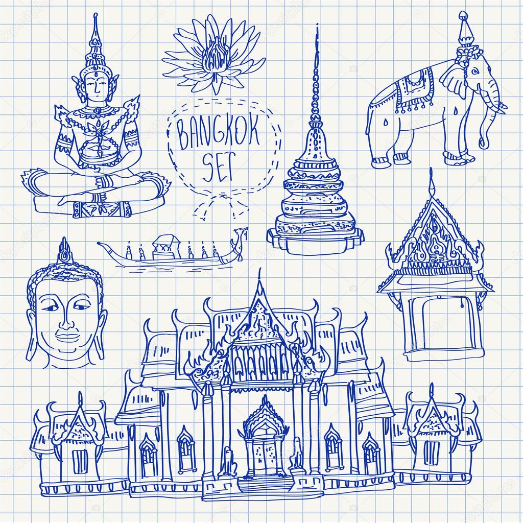Illustration of vector set of Bangkok (Thailand) with temple, buddha, elephant and lotus isolated on squared paper