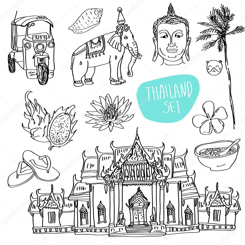 Illustration of vector set of Thailand with temple, buddha, elephant, traditional food and flower isolated