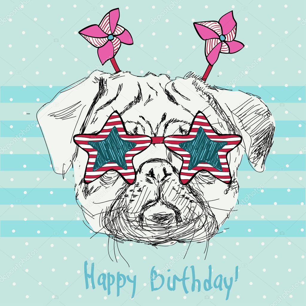 Vector illustration of funny pug dog in star pink glasses on blue background