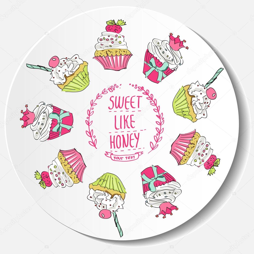 Vector illustration of sticker of colorful cupcakes isolated with label.