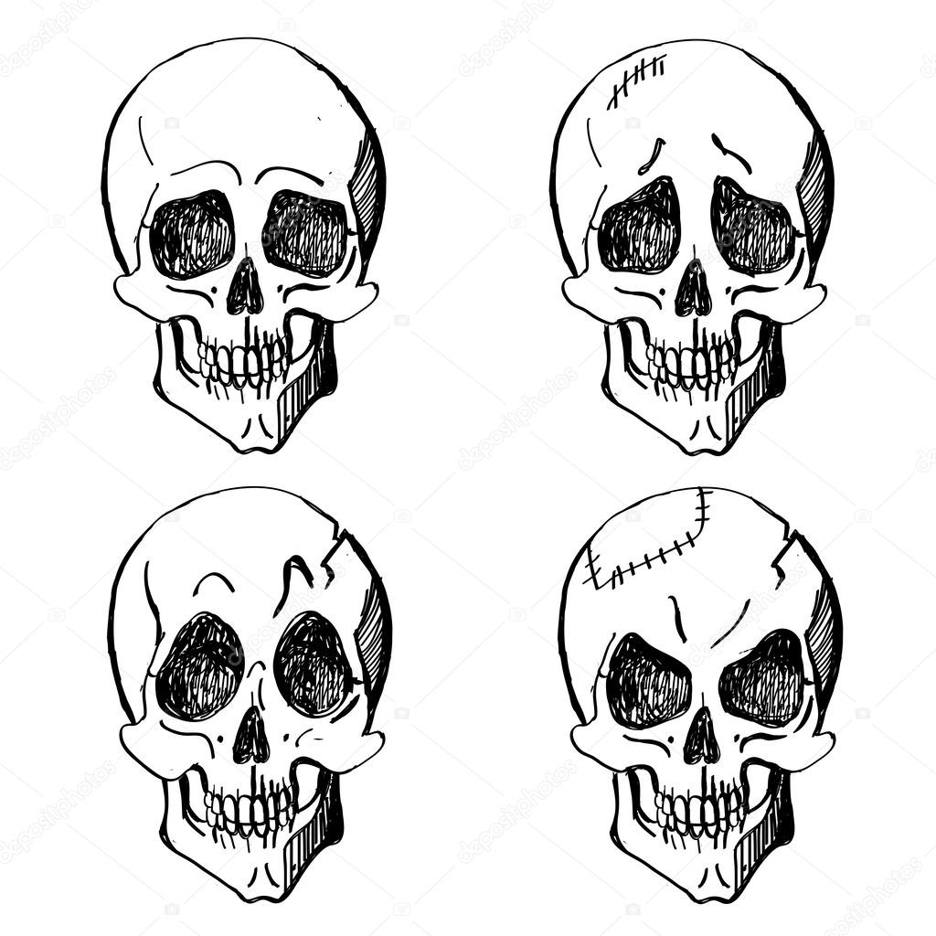Skulls emotions set isolated, hand drawn