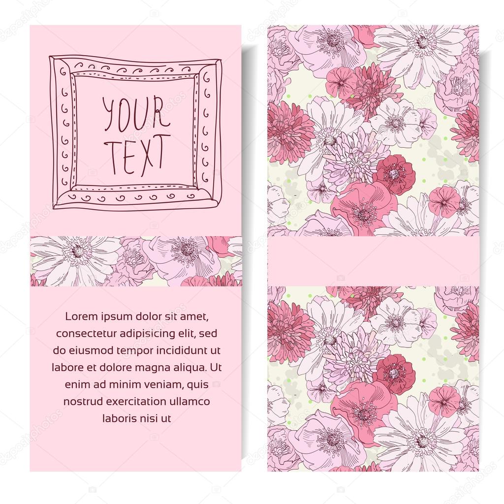 Vector vertical banner with pink flowers hand drawn, save the date