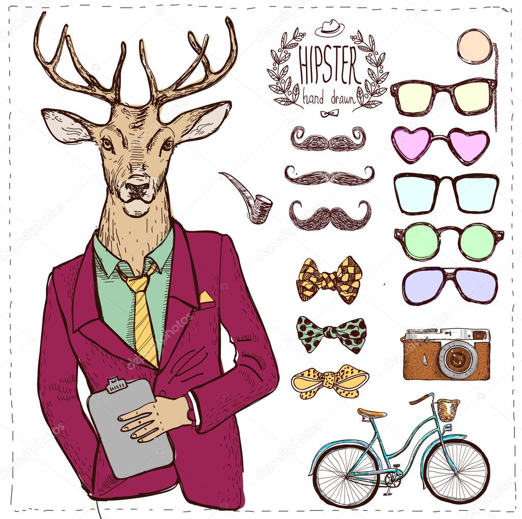 Hipster deer in suit hand drawn
