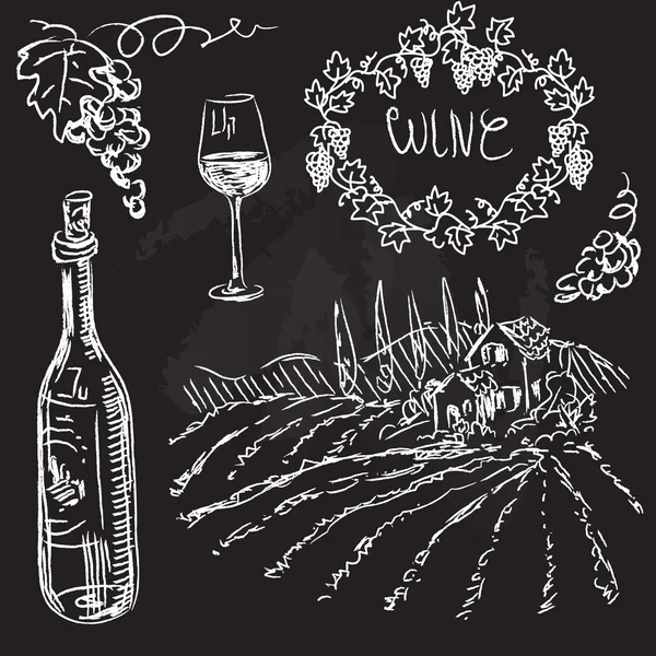 Conjunto de vectores dibujados a mano: vino y vinificación — Vector de stock