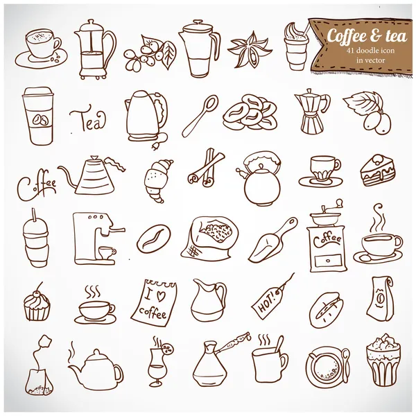 Dooodle koffie en thee c pictogrammenset. — Stockvector