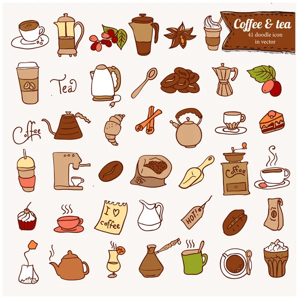 Dooodle café y té c icono conjunto . — Archivo Imágenes Vectoriales