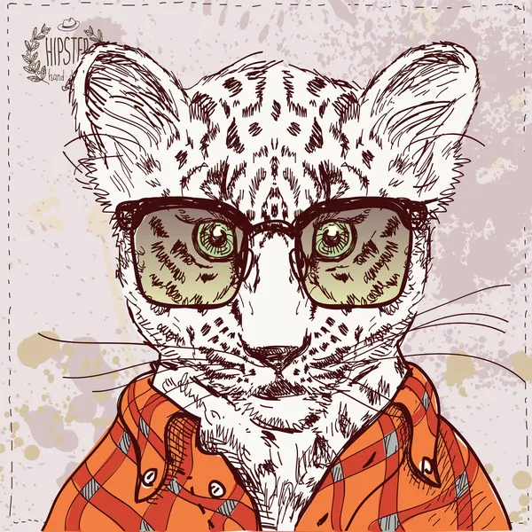Leopardo hipster vettoriale con occhiali e vestito in vettore su sfondo di carta testurizzata vintage, illustrazione abbozzata disegnata a mano — Vettoriale Stock