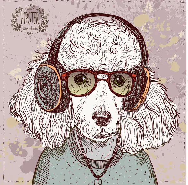 Vintage illustration of hipster poodle with glasses, headphones and bow in vector on vintage background — Stock Vector